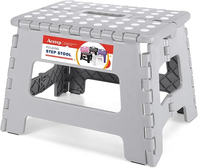 ACSTEP Folding Step Stool 9 Inch, Non-Slip Foldable Stools for Kids, Gray | Heavy Duty Collapsible Foot Stool, Lightweight, Holds 300lb for Toddler/Adults Kitchen Bathroom Bedroom Outdoor, with Handle by ACSTEP