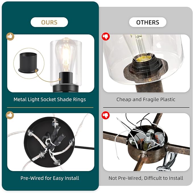 5 Lights Black Modern Farmhouse Chandelier for Dining Room with Glass Shade, Pre-Wired Height Adjustable Pendant Light Ceiling Lighting Fixture for Dining Living Room Bedroom Kitchen Foyer - Image 5