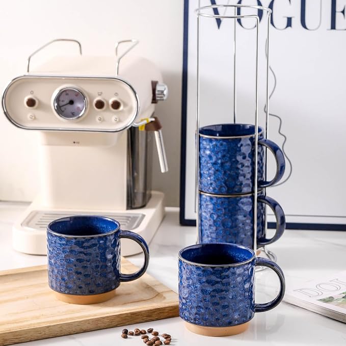 Nihow 16 OZ Ceramic Coffee Mug with Stackable Stand,Set of 4,Blue | Stainless Stand Included, Cappuccino & Tea, Hot/Cold Drinks, Dishwasher & Microwave Safe - Image 7