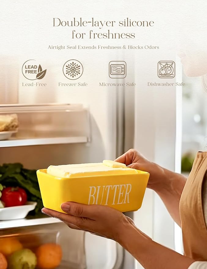 Ceramic Butter Dish with Lid and Knife Silicone Seal for Countertop Yellow | Suitable Capacity, Great Sealing, Home Decor Kitchen Gift Housewarming Gift - Image 3