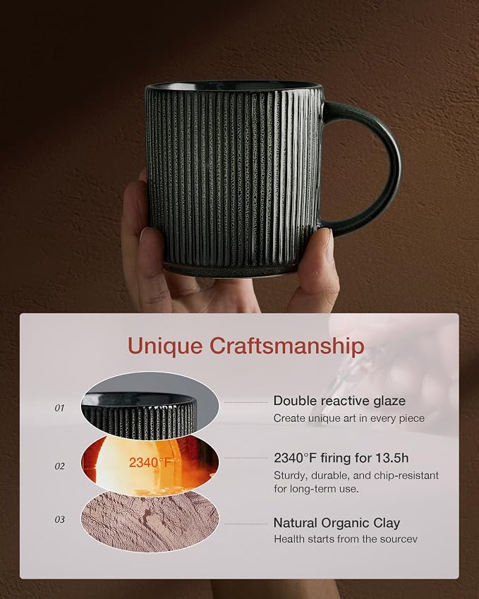 famiware Coffee Mug Set for 6, Star 12 oz Catering Mugs Cup Set with Handle for Coffee, Tea, Cocoa, Milk - Ceramic Stoneware Drinkware Set, Deep Forest - Image 6