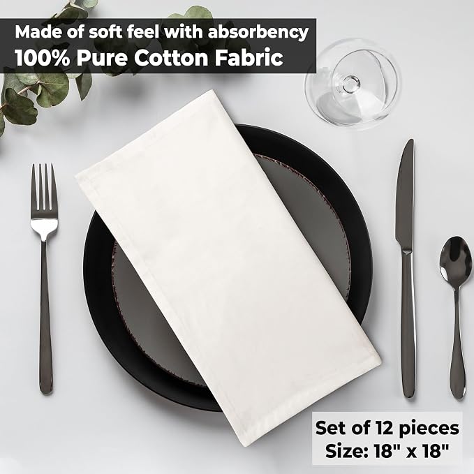 Urban Villa Cloth Napkins Ivory Dinner 100% Cotton 18x18 Inches (Set of 12) - Image 8