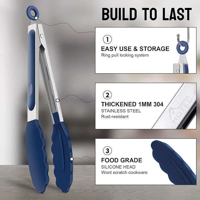HOTEC Premium 7 & 9 Inch Kitchen Tongs, Stainless Steel Locking Cooking Tongs with Silicone Tips, Non-Scratch & Heat Resistant, Serving Tongs for Salad, BBQ, Classic Blue, Set of 2 - Image 2