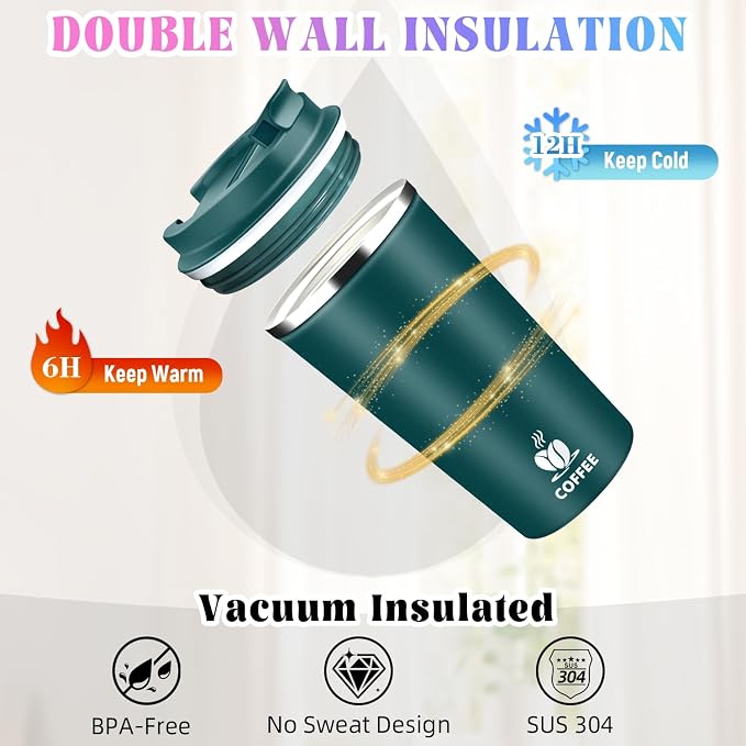 17oz Insulated Travel Coffee Mug with Flip Lid – Leakproof Stainless Steel Insulated Coffee Tumblers, Reuable Coffee Cup for Hot & Cold Drinks, Perfect for Camping & On-the-Go - Image 5