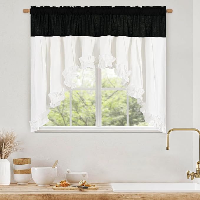 Likiyol Linen Swag Curtains Farmhouse Ruffle Valances for Windows Rustic Country Window Valances Light Filtering Kitchen Curtains Rod Pocket Valance for Bathroom Cafe, Black White, 60" W x 36" L - Image 2