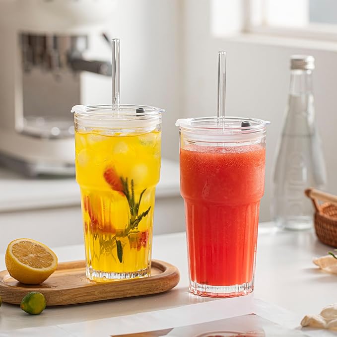 INSETLAN 20oz Clear Glass Cups & Tumbler Set with Lids & Straws – 2-Pack, Reusable Drinking Cups for Iced Coffee, Smoothies, Tea, Juice, Leak-Proof, Spill-Proof, Ideal for Home and Outdoor Use
