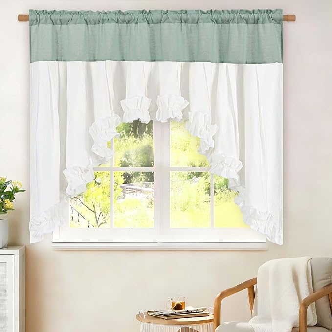 Likiyol Linen Valances for Windows Farmhouse Ruffle Swag Valance Rustic Country Window Valances Light Filtering Kitchen Curtains Rod Pocket Valance Curtains for Bathroom Cafe, Teal White, 60"W x 36"L - Image 2