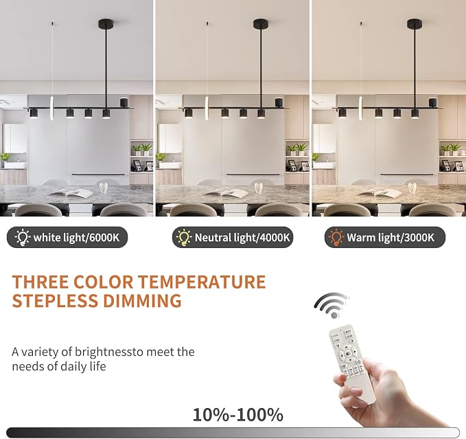 Siittoo 40" Modern LED Pendant Light, Dimmable Black Kitchen Island Light | 40W Remote-Controlled LED, Adjustable 3000K-6000K Lighting with Spotlights for Kitchen Island, Dining Room & Bar - Image 4