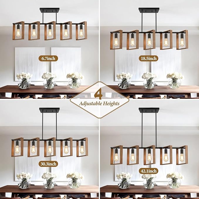 53’’ Farmhouse Kitchen Island Lighting, 5-Light Adjustable Dining Room Light Fixtures, Rustic Wood Chandeliers Black Hanging Light Fixtures for Kitchen, Pool Table Lights, Bulbs Not Included - Image 3