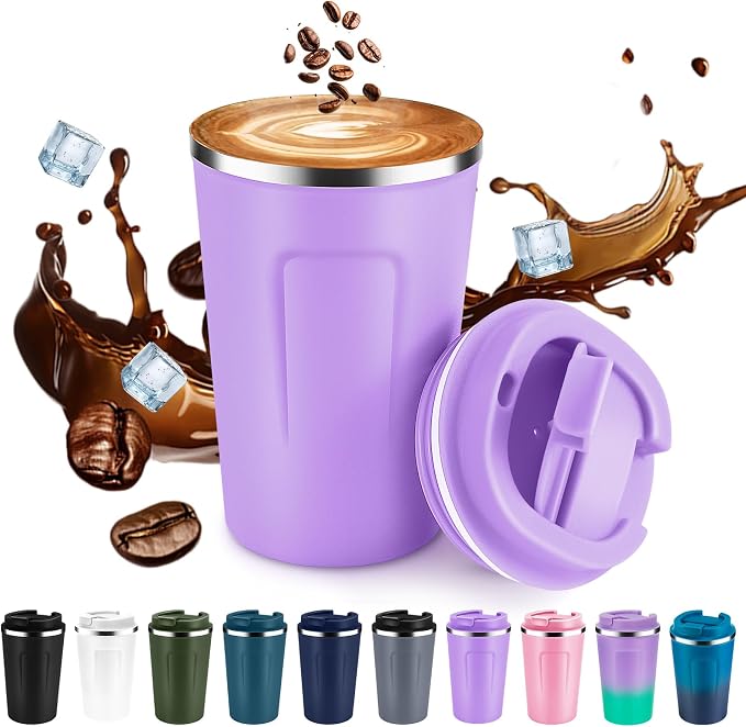 Volhoply 12 oz Double Wall Insulated Vacuum Travel Coffee Mug with Flip Lid,Reusable Stainless Steel Leak Proof Coffee Cup,Portable Cafe Thermal Tumbler Suitable for Hot & Cold Drinks(Purple,1 Set) by LiveFully%EF%BC%8CDrinkFreely%E2%80%94KeepGoingwithVolhoply%EF%BC%81