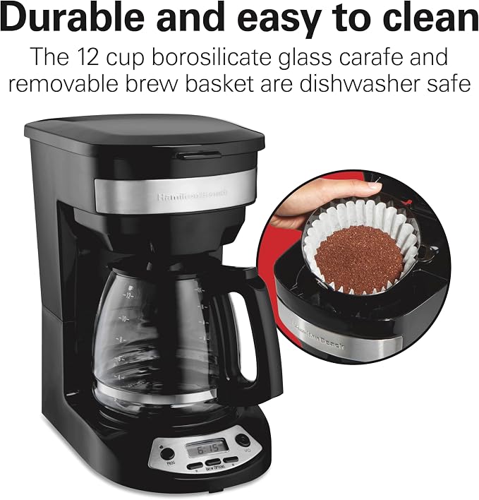Hamilton Beach 12 Cup Programmable Drip Coffee Maker | Regular & Bold Brew Options | Auto Pause and Pour | Glass Carafe | Black with Stainless Accents | 46299J - Image 7