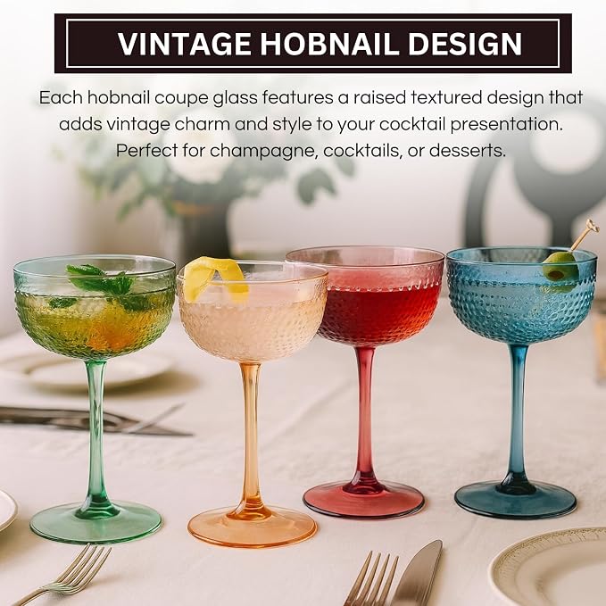 Khen Muted Hobnail Coupes Vintage Textured Pastel Style Cocktail Martini Champagne Saucer Retro Colored Glass Goblets Set of 4 10.15oz Durable Glassware Decorative Barware Classic Party Drink - Image 3