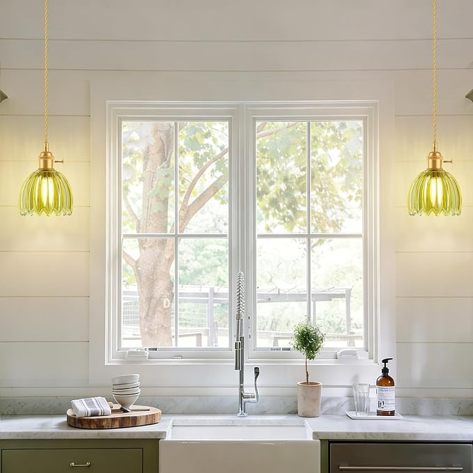 Ralbay Vintage Pendant Lights Kitchen Island,Green Tulip Glass Shade,3Packs | Mini Pendant Light Fixture with Switch,Adjustable Brass Hanging Light for Bedroom, Dining Room, Hallway,Bar - Image 7
