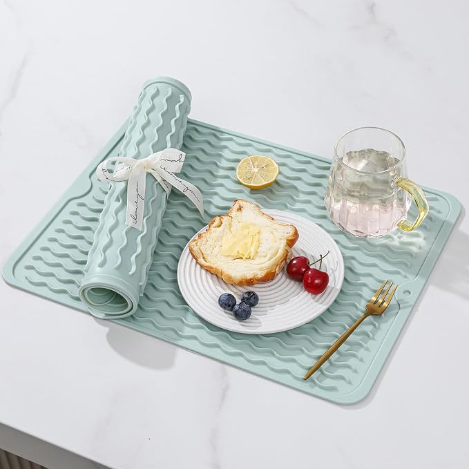 2 Pack Caketime Silicone Dish Drying Mat for Kitchen Counter Escurridor de Trastes para Cocina Cooking Dining Hot Pads Rubber Palcemats Coffee Bar Must Haves Women Gifts 15"x11.5" Green - Image 2