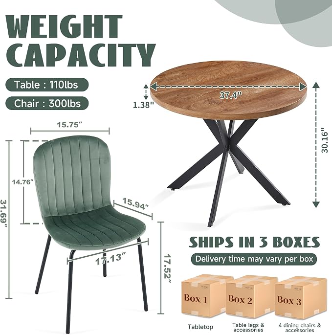37 Inch Round Dining Table Set for 4, Modern Small Circle Kitchen Coffee Set for Apartment Living Room Office, Save Space(1 Imitation Wooden Table + 4 Green Velvet Chairs) - Image 3