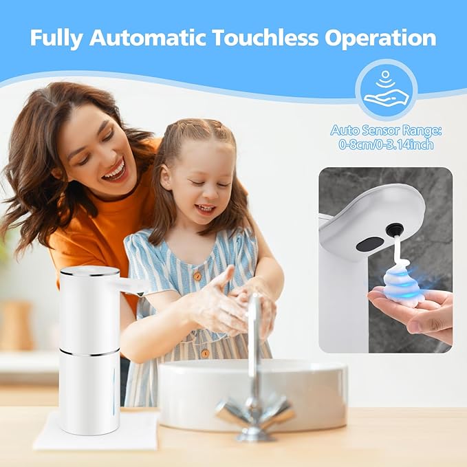 Automatic Soap Dispenser Touchless, 15.55 oz/460mL USB C Rechargeable Hand Sanitizer Dispenser with Auto Clean, 5 Adjust Volume,°C&℉ Display, Waterproof Pump for Bathroom Kitchen (White-Liquid)