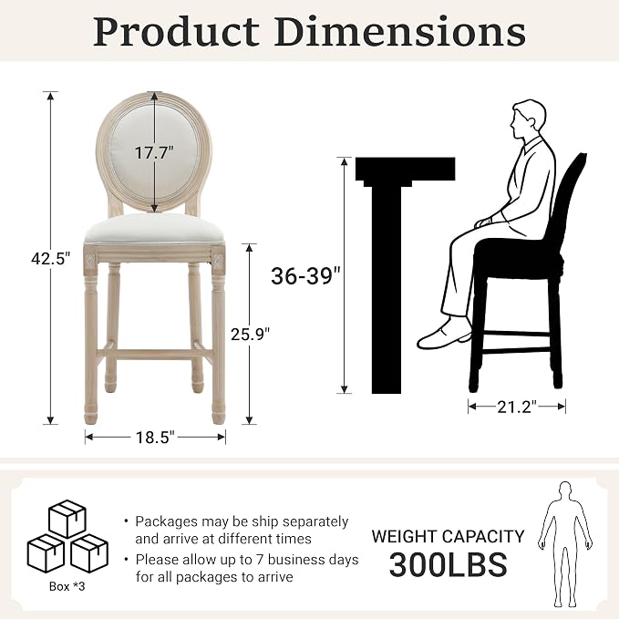 French Country Barstool, Linen Farmhouse Counter Height Chair | Set of 6, with Cushion Round Back and Solid Wood Legs, Oval Chairs for Restaurant, Bar, Kitchen, Café, Beige - Image 3