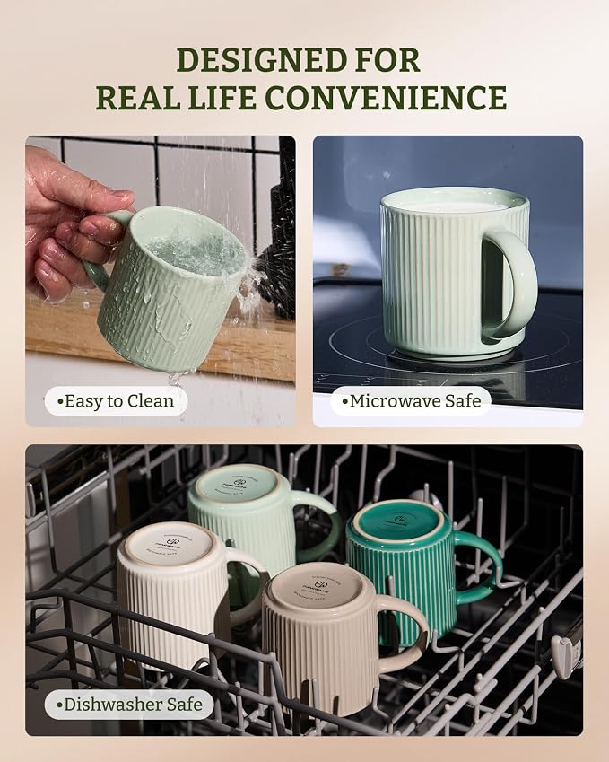 famiware Coffee Mug Set for 4, Star 12 oz Catering Mugs Cup Set with Handle for Coffee, Tea, Cocoa, Milk- Ceramic Stoneware Drinkware Set, Light Green - Image 7