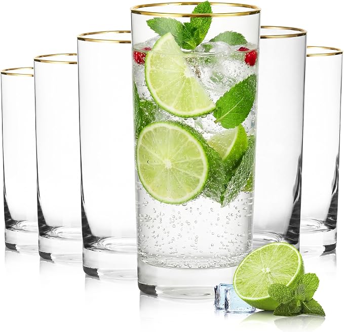 Highball Glasses, Gold Rim Crystal Glassware, 16 oz, Set of 6 | Elegant European Tall Highball Glasses for Water, Juice, Mojitos and Cocktails, Perfect for Everyday Use by ICESIP