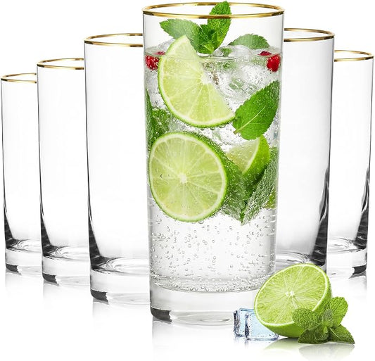 Highball Glasses, Gold Rim Crystal Glassware, 16 oz, Set of 6 | Elegant European Tall Highball Glasses for Water, Juice, Mojitos and Cocktails, Perfect for Everyday Use by ICESIP