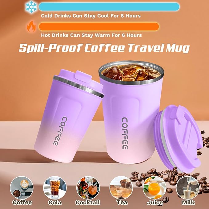 SPLMIFA Travel Coffee Mug Leak-Proof, Reusable Coffee Cups with Lid, Stainless Steel Vacuum Insulated Coffee Tumblers, Thermal Insulation Cup for Men and Women Hot & Cold Drinks(2nd-Purple Pink, 12OZ) - Image 2