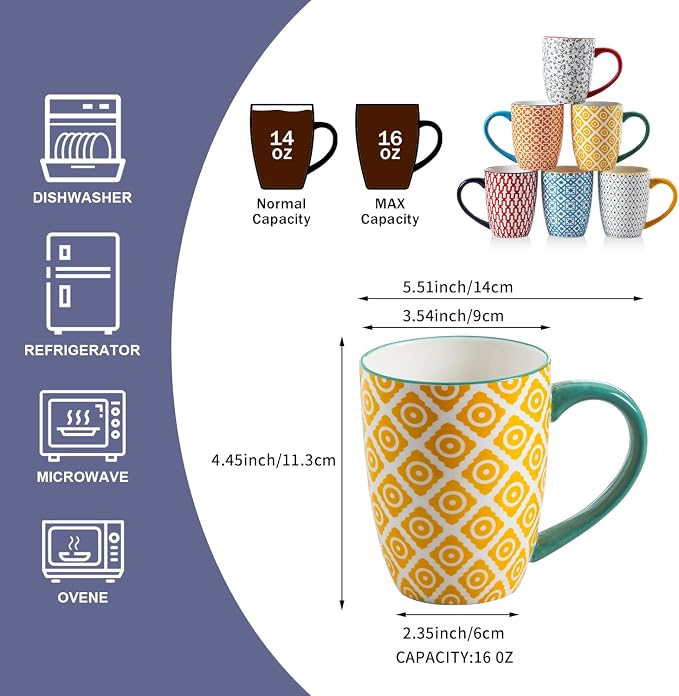 Ceramic Coffee Mugs Set - 16 Oz Large Porcelain Tea Cups with Handle for Men Women Cappuccino Latte Cocoa - Microwave Dishwasher Safe - Christmas Housewarming Gift - Set of 6 - Assorted Colors - Image 4