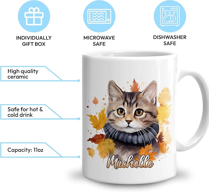 Hyturtle Personalized Fall Cat Maple Leaves Coffee Mug Gifts on Birthday | Gifts For Cat Lovers - Fall Autumn Decor Gift For Farmhouse Thanksgiving - Custom Name 11oz White Ceramic Coffee Tea Mug - Image 3