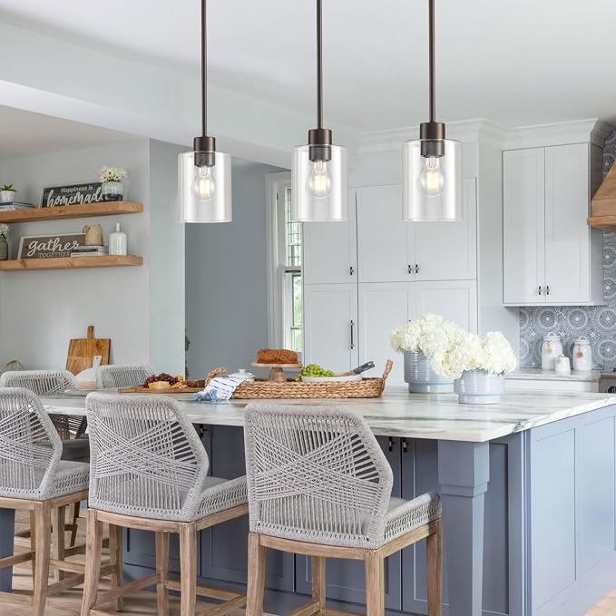 Oil Rubbed Bronze Pendant Lights Kitchen Island - Clear Glass Pendant Light Fixture Multiple Stems Rods 3 Units 12 Inch 3 Units 4 Inch (1 Pack Oil Rubbed Bronze Downrod) - Image 5