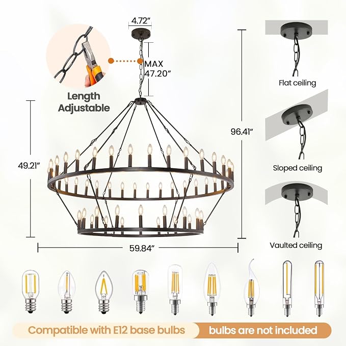 60 Inch Black Wagon Wheel Chandelier, 2 Tier 54-Lights Farmhouse Chandelier for Living Room, Round Rustic Dining Room Light Fixture, Extra Large Foyer Chandeliers for High Ceilings, for Entryway - Image 3