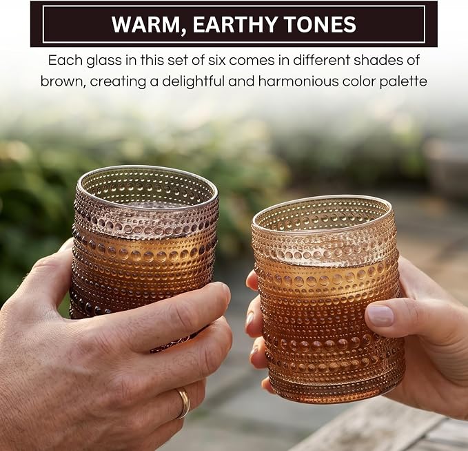 Venus Amber Brown Hobnail Highball Glasses Vintage Tumblers Set of 6 11 oz | Vintage Beaded Design, Embossed Bubble Texture, Elegant Color, Timeless Drinkware for Home Bars, Parties, and Housewarmings - Image 3
