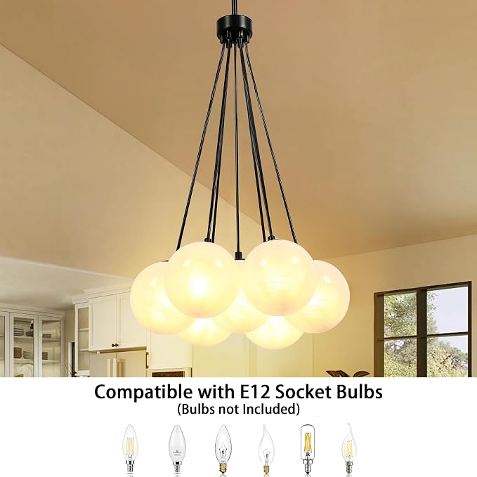 Modern Globe Black Chandelier Milky Glass Shade Sputnik Ceiling Light Fixture, Mid Century Bubble Dining Room Pendant Light, Hanging Island Light for Kitchen Bedroom Entryway Over Table - Image 2
