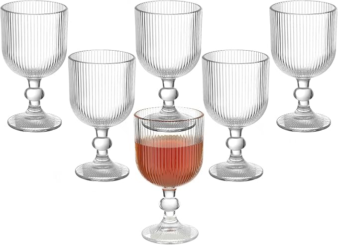 Vintage Wine Glasses Set of 6, 11 Ounces Colored Glass Water Goblets, Unique Embossed Pattern High Clear Stemmed Glassware Wedding Party Bar Glass Drinking Cups Fancy Glasses Vertical Line Clear by XKXKKE