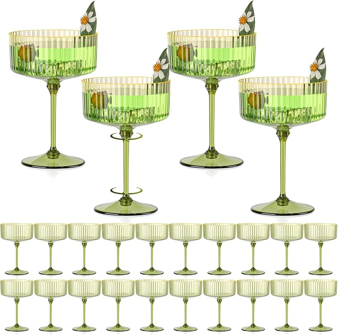 24 PCS Gold Rim Plastic Champagne Coupe Cup Sage Green Ribbed Coupe Glasses 10oz Detachable Espresso Martini Glass Vintage Margarita Glassware Cocktail Glass Set for Baby Shower Christmas Wedding by Unknown