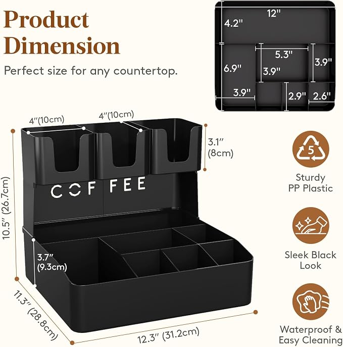 Lifewit 2-tier Coffee Station Organizer Caddy for Countertop, 10 Compartments Coffee Bar Organizers for Cups, Pods, Sugar, Compact Condiment Holders Storage for Office Breakroom Kitchen Home Black - Image 3