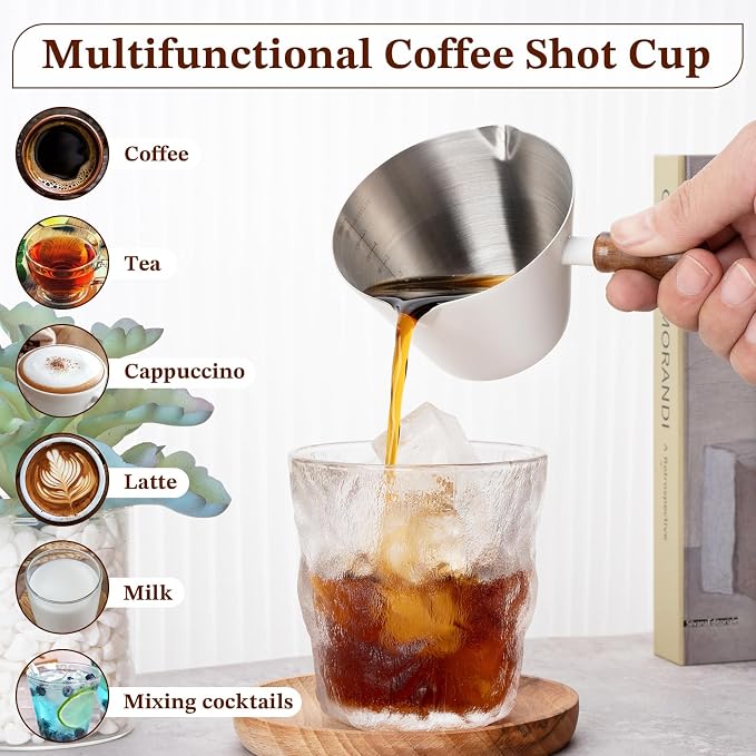 Amrules Espresso Cup, 6.8 oz/200 ml Stainless Steel Coffee Shot Measuring Cup with Wood Handle, Double V-Shaped Mouth and Clear Scale for Cappuccino Barista Coffee Bar Accessories, White - Image 6