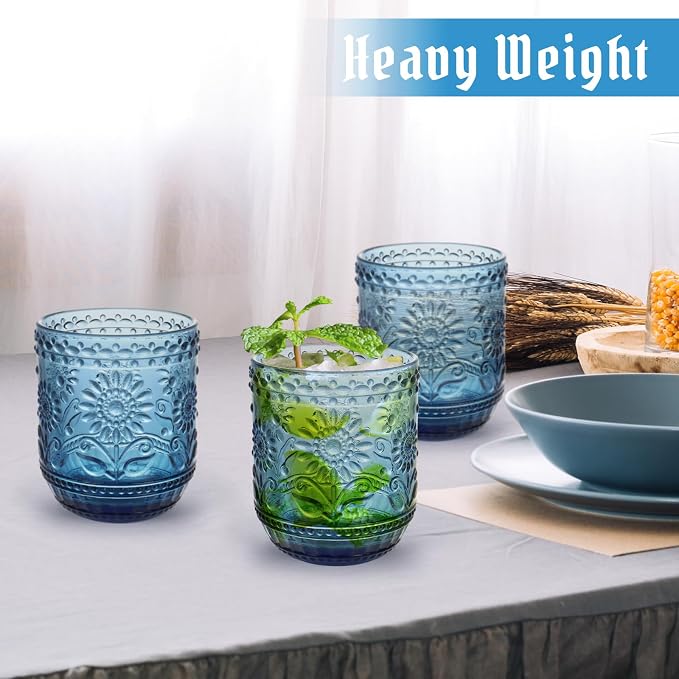 Topsky Vintage Drinking Glasses Set of 4,12oz Drinkware Set,Blue Glass Cups Wine Glasses Colored Glassware for Whisky,Beer,Juice,Cocktail,Heavy Duty - Image 3