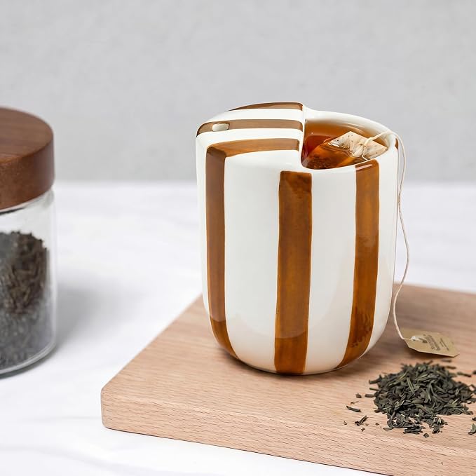 Ceramic Mug with Sip Hole 10 oz Brown Striped Ceramic Coffee Mug Hand Painted Travel Mugs Heat Resistant Non Slip Built in One Lid Handcraft Mugs for Coffee Lovers Appreciation Gift - Image 6