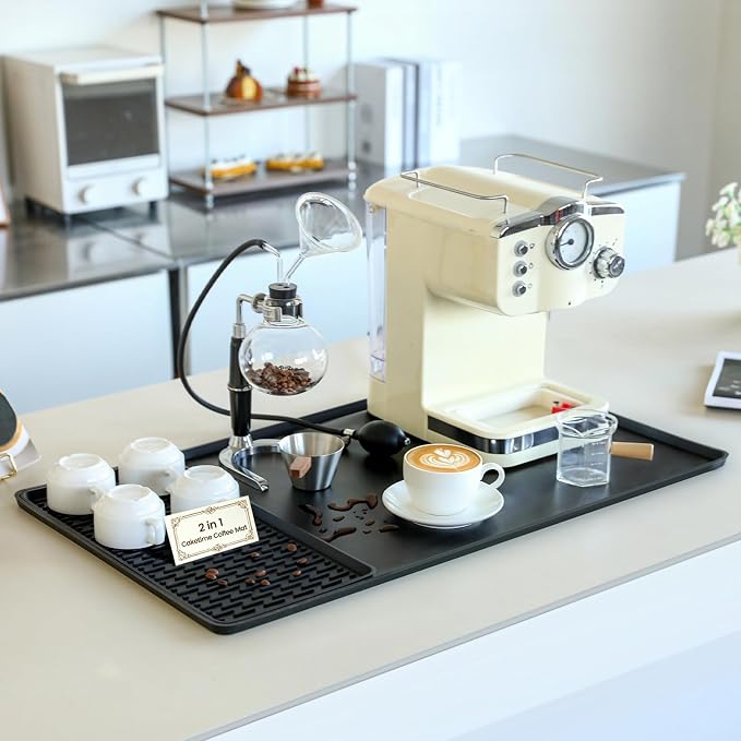 Caketime 2 In 1 Extra Large 16"x28" Silicone Coffee Bar Mat Accessories Heat Resistant for espresso Machine with Detachable Dish Drying Rug Rack Stone Kitchen Office Home Cafetera Essentials Black by CAKETIME
