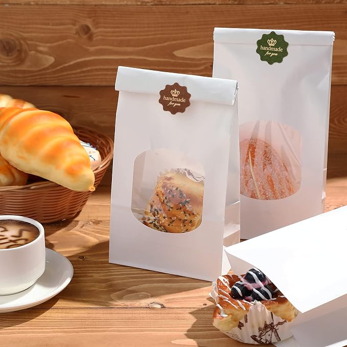 Tenare 50 Pieces White Bakery Bags with Window Kraft Paper Bags Christmas Tin Tie Tab Lock and 60 Pieces Adorable Handmade Label Seal Stickers Window for Xmas Coffee Cookie Treat, 4.5 x 2.56 x 9.6" - Image 7