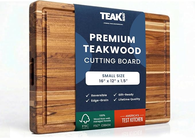 Teakhaus Carving Board with Juice Groove - Small (S) Teak Wood Cutting Board 16”L x 12”W x 1.5” Thick - Sustainably Harvested & FSC Certified - Knife Friendly with Beeswax Oil Finish by TEAKHAUS