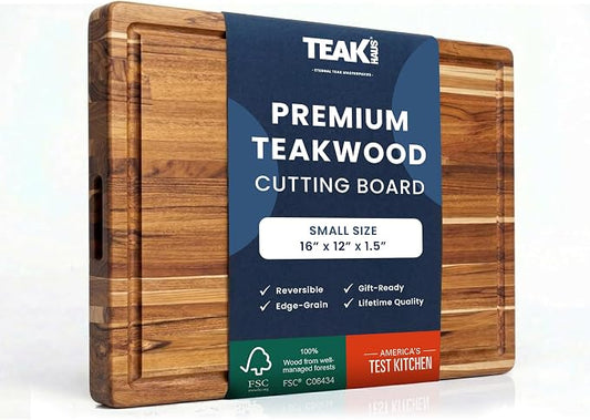 Teakhaus Carving Board with Juice Groove - Small (S) Teak Wood Cutting Board 16”L x 12”W x 1.5” Thick - Sustainably Harvested & FSC Certified - Knife Friendly with Beeswax Oil Finish by TEAKHAUS