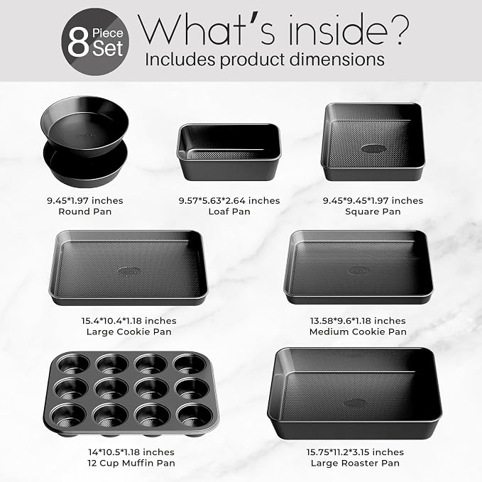 Nonstick Baking Pans Set, 8-Piece Stackable Bakeware Sets, Oven Pan Set | Non-Toxic Pan Set, Includes Baking Sheet, Cake Pan, Muffin Pan, Loaf Pan, Square Pan, Cookie Sheet & Roasting Pan, Black - Image 4