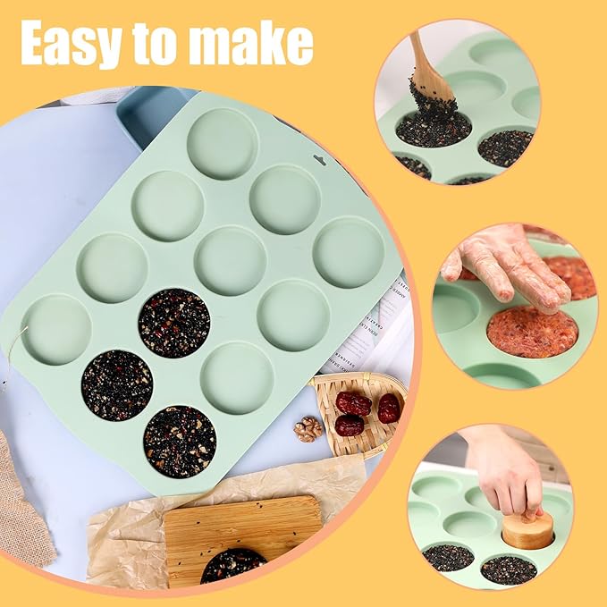 QELEG Silicone Round Muffin Top Pans for Baking, 3" Non-Stick Hamburger Bun Mold Jumbo Egg Molds for Muffins, Pancake, Tarts, Corn Bread, Burger Bun, Oreo Cookie, 12 cavities, Green