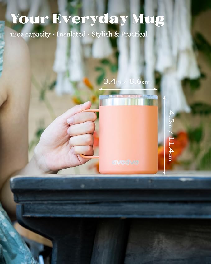 12oz Insulated Coffee Mug with Lid – Includes Two Lids, Stainless Steel Coffee Travel Mug with Handle, Double Wall Vacuum Insulated Camping Mug for Home, Office & Outdoor, Orange - Image 4