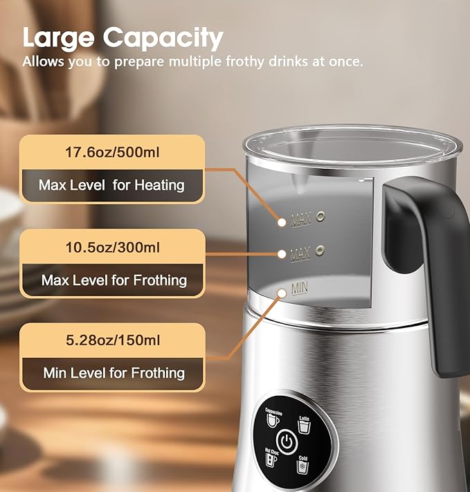 Milk Frother and Steamer, Electric Frother for Coffee with 304 Stainless Steel Jug, One-Click Operation, 17.6oz and Visual Lid