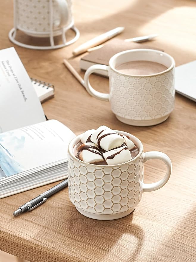 LE TAUCI Stackable Coffee Mugs Set with Stand, Ceramic Embossment Coffee Cups for Au Lait, Cappuccino,Latte,Cafe,Mocha,Tea, Suit For Housewarming Wedding - 12 oz, Set of 4,Arctic white - Image 2