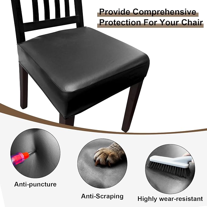 Waterproof Pu Leather Seat Covers for Dining Room Chairs Set of 6,Soft Chairs Seat Slipcovers,Dining Chair Cover Removable Washable Chair Protector Cover Stretch Kitchen Chair Covers - Image 3