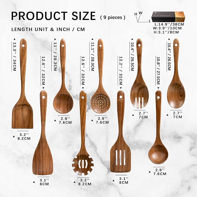 Wooden Spoons for Cooking, 9-Piece Acacia Wood Cooking Utensil Set | Spoons and spatulas stir, mix, flip and serve; balanced handles offer control while staying gentle on nonstick cookware. - Image 2