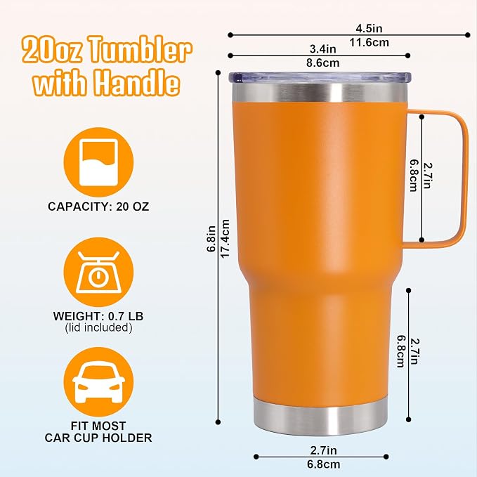 20 oz Tumbler with Handle and Lid Insulated Travel Coffee Mug Orange 12P | Stainless Steel Tumbler, coffee tumbler with handle,Spill Proof Double Wall Vacuum Tumbler Cup Keep Drink Hot & Cold - Image 6