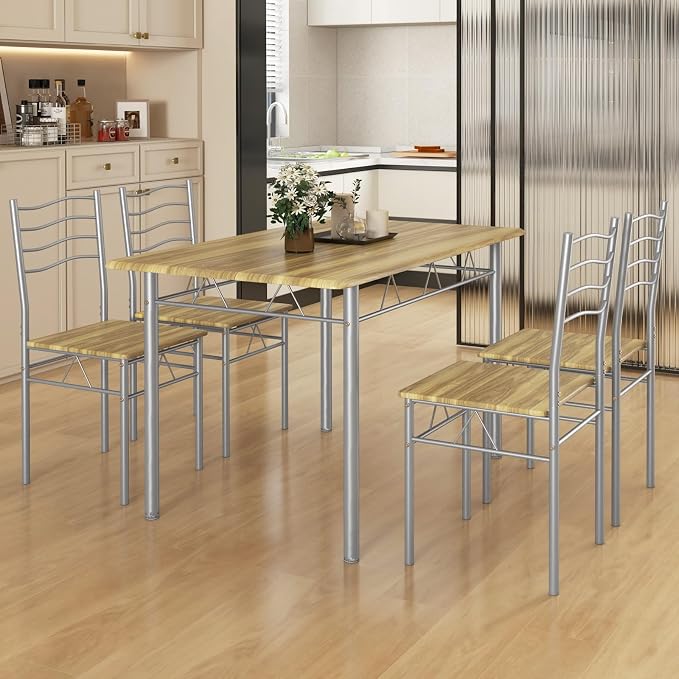 Giantex 47-inches Dining Table Set for 4, Rectangular Kitchen Table with 4 Dining Chairs, Metal Frame, 5-Piece Space-Saving Dinette Set for Small Space, Dinner, Breakfast Nook, Apartment, Natural - Image 3